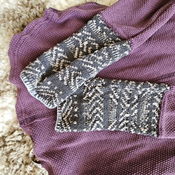 Free People Purple Ski Lodge Newbie Thermal Henley Top Crochet Cuffs Size L Boho - Picture 9 of 9